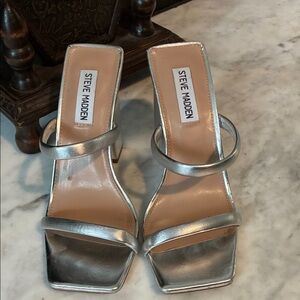 Steve Madden Silver Metallic Square-Toe Double-Strap Heels